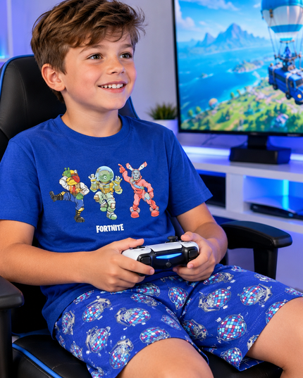 Kids’ Fortnite Pyjama Set – Blue Gaming T-Shirt & Shorts 7-14 Years