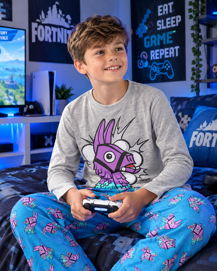 Kids’ Fortnite Llama Pyjama Set – Grey Long-Sleeve Top & Blue Printed Trousers