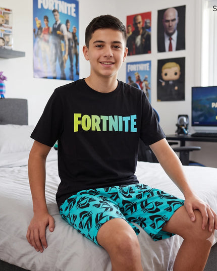 Kids’ Fortnite T-Shirt & Shorts Set – Black Logo Top & Turquoise Printed Shorts
