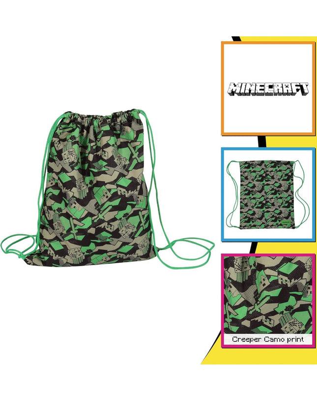 Minecraft Camo Creeper Gym Bag, Kids, One Size, Green/Black, Official Merchandise