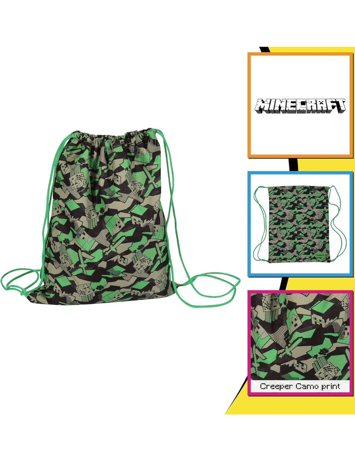 Minecraft Camo Creeper Gym Bag, Kids, One Size, Green/Black, Official Merchandise