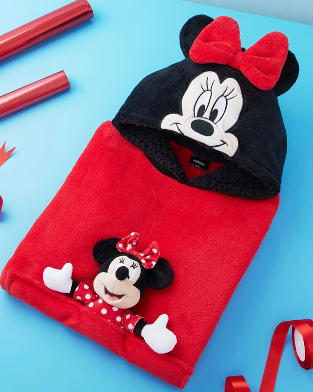 Girls Minnie Mouse Hooded Blanket With Plush Minnie Attached Oversized Fleece