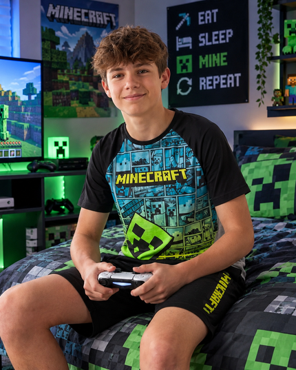 Kids’ Minecraft Pyjama Set – Blue & Green Graphic T-Shirt and Black Shorts Age 5-11