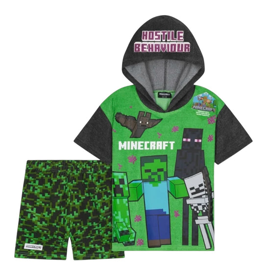 Minecraft Poncho Top and Shorts Towel Set -  Boy's/Girl's 2 Piece Towelling Set - Creeper