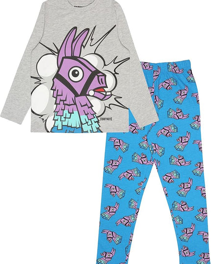 Kids’ Fortnite Llama Pyjama Set – Grey Long-Sleeve Top & Blue Printed Trousers